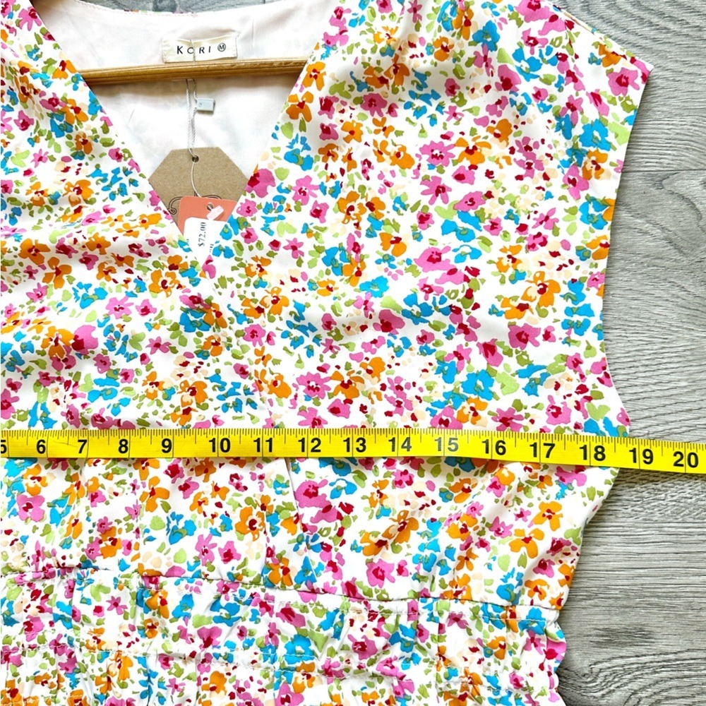Kori Sage Combo Dress‎ Mini Elastic Shirring V-Neck Sleeveless Lined Floral - Picture 6 of 16
